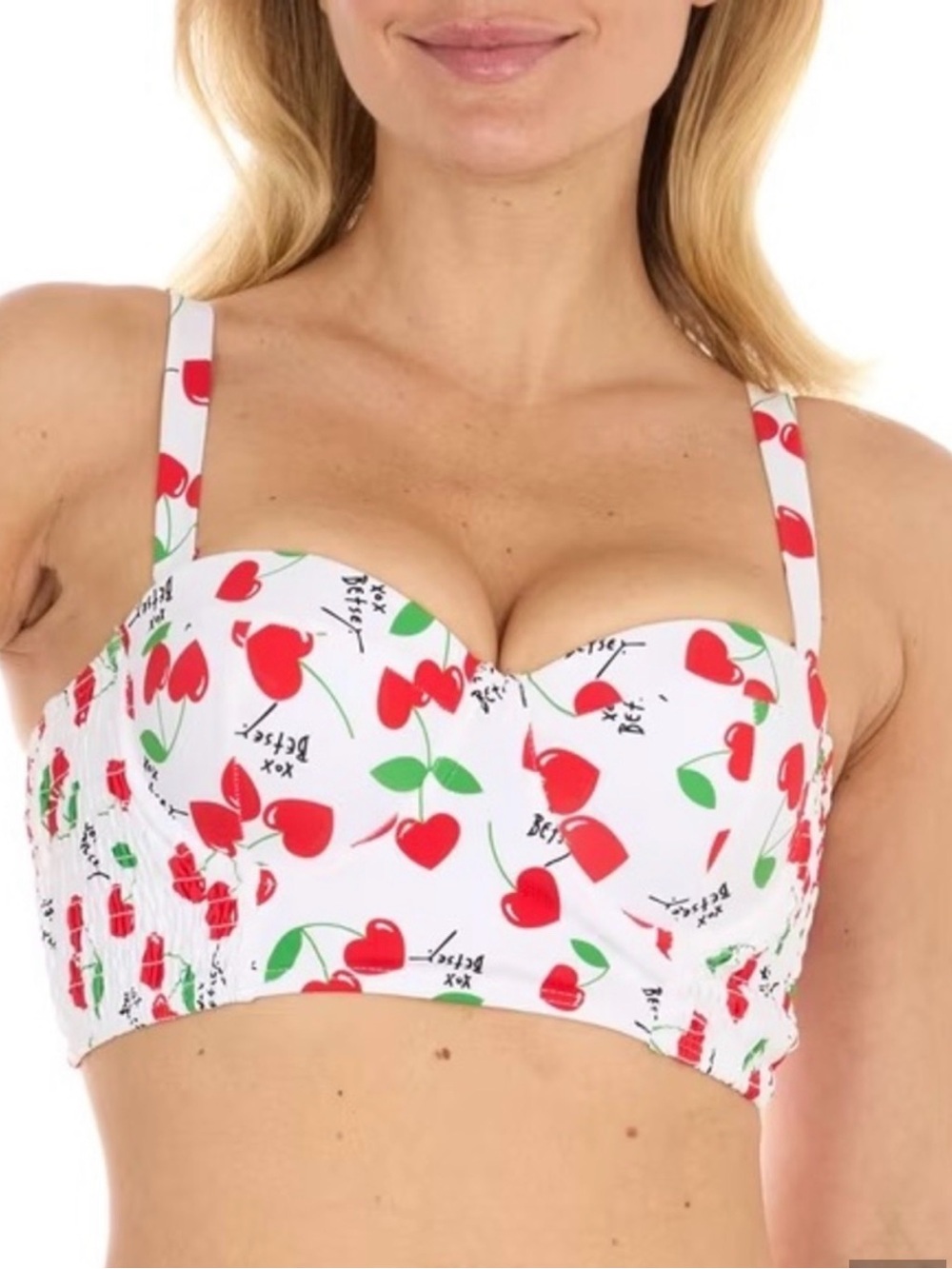 Betsey Johnson Women's Bikini Top Cherry Print Swimsuit Top - White/Red NWT